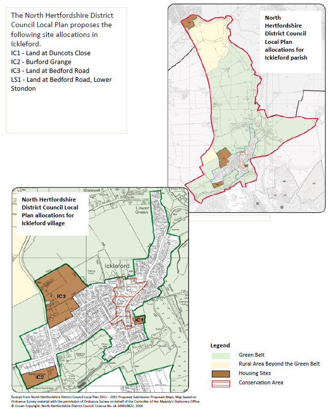 The North Hertfordshire District Council Local Plan proposes the following site allocations in Ickleford. IC1 - Land at Duncots Close IC2 - Burford Grange IC3 - Land at Bedford Road LS1 - Land at Bedford Road, Lower Stondon