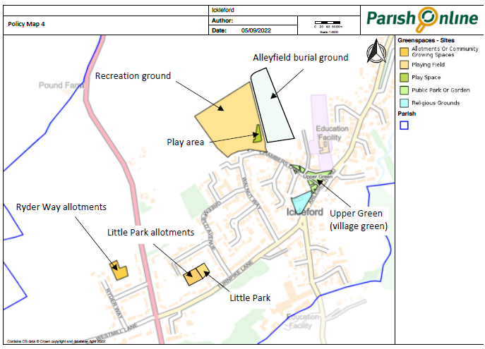 Policy Map 4: Open Spaces, Recreational ground, play area, Ryder Way allotments, Little Park allotments, Little Park, Upper Green (village green), Alleyfield burial ground.