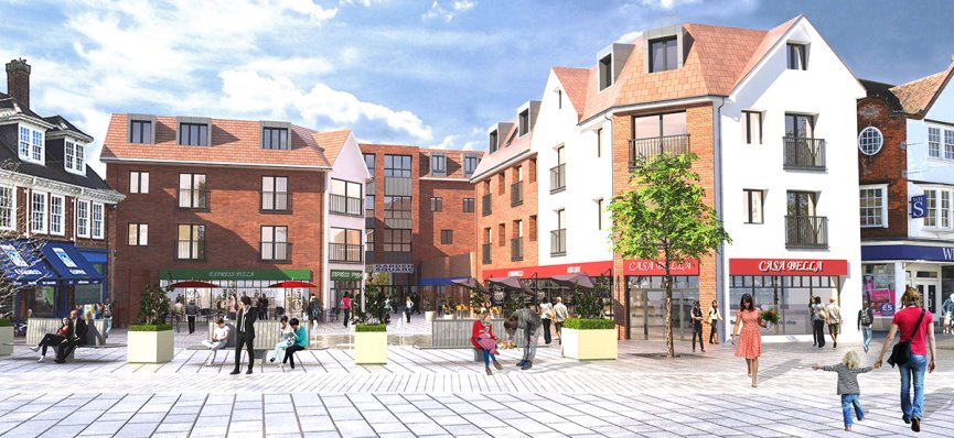 rendering of town square with families and shops