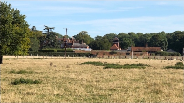 A field of dry grass in the foreground with a historic building complex in the distance infant of a backdrop of trees