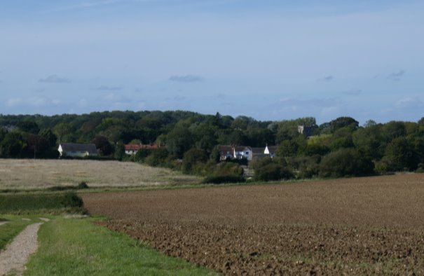 Ploughed field in foreground with trees and glimpses of the village beyond