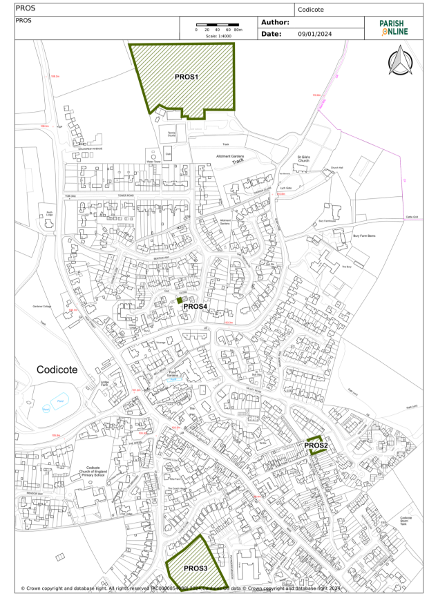 Map of the village showing the four Recreational Open Spaces