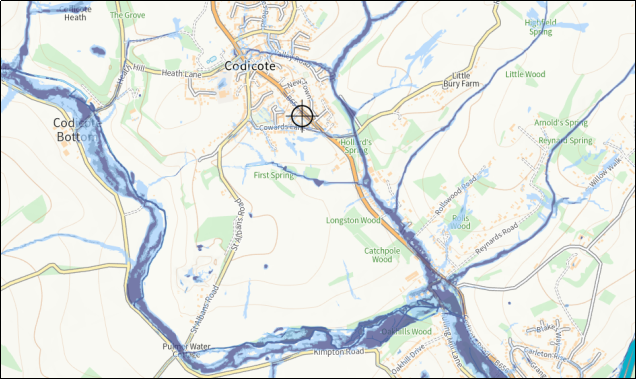 Flood Risk Map showing areas at risk from surface water flooding predominently following the river