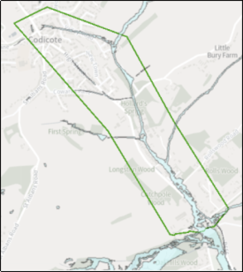 Surface water flooding hotspot map for Codicote village