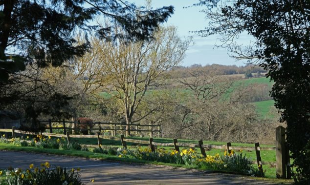 View 1 - From path UCR2 looking south east - path with fence and daffodils in foreground with dipping countryside and distance rise of green fields separated by hedges