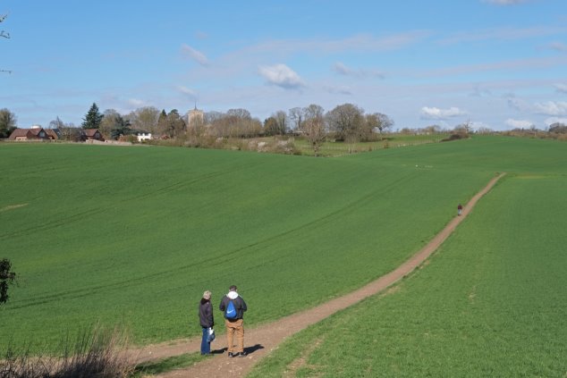 View 5 From Footpath 5 looking north-west to St Giles - rolling large green field with no divisions, mud footpath left of centre and church tower surrounded by trees in far distant left