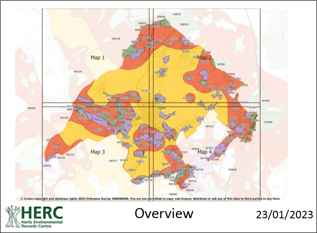 Map of Neighbourhood Plan Area showing green, yellow, orange and purple areas with difference levels of importance for ecology