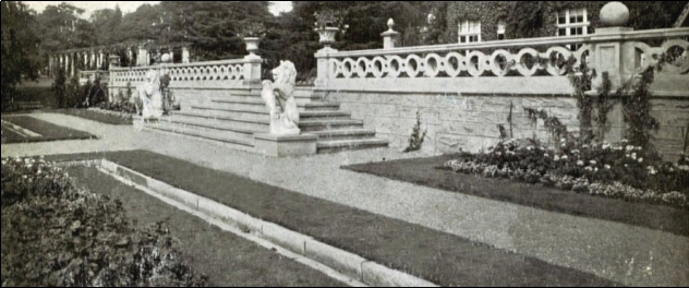 Photo black and white c1925 showing balustrade along the edge of the terrace looking over the sunken garden